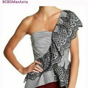 BCBG one shoulder navy and white top